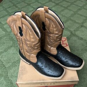Roper Cowboy Boots Black Tan Leather Square Toe Size 13
